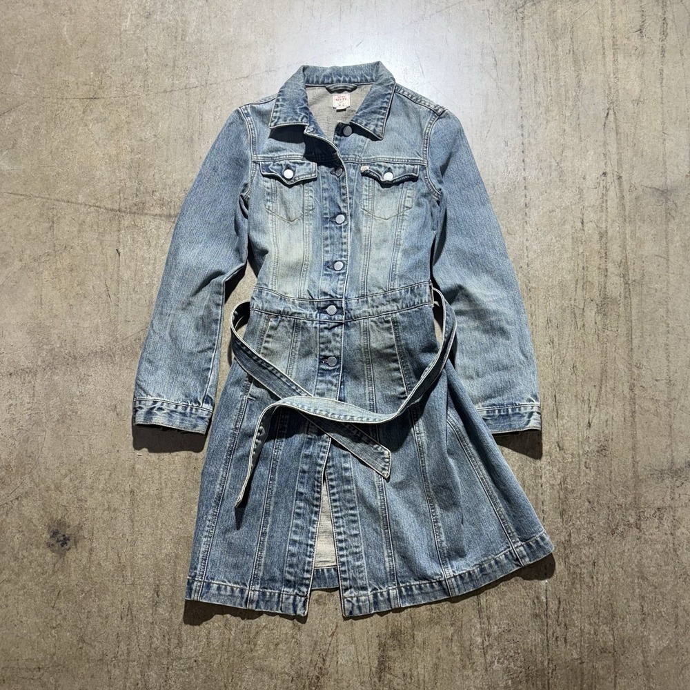 Miss Sixty Coat Womens Small Blue Denim Trench Belted Button Front Long Sleeve